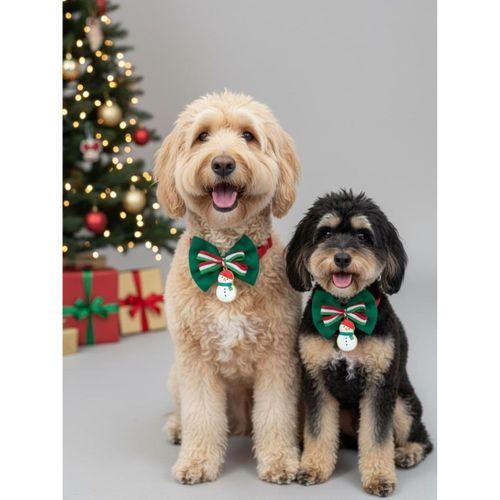 Kardan Adam Köpek Papyon Tasması | Yeşil Kırmızı Fiyonk Boyun Aksesuarı | Noel Temalı Köpek Süsü | Orta ve Büyük Irklar İçin
