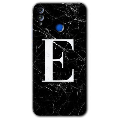 MRCİLETİSİM Honor 8x Kılıf HD Desen Baskılı Arka Kapak + Temperli Cam - Siyah Mermer Desenli E Harfi