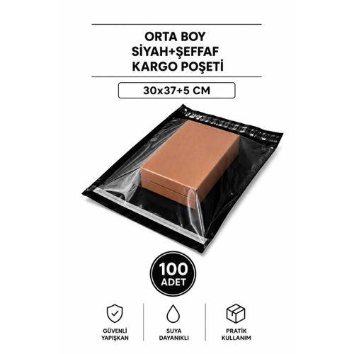 Orta Boy Siyah Şeffaf Kargo Poşeti 30x37+5 Cm 100 Adet