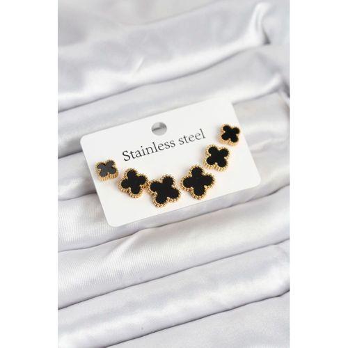 316L Çelik Gold Siyah Renk 3 Boy Yonca Küpe Seti