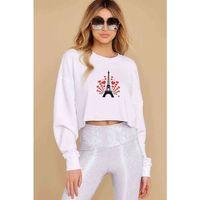 Silhouette Eiffel Tower Baskılı Crop Kadın Beyaz Sweatshirt