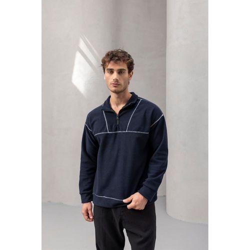 Crowe Çizgi Şeritli Oversize Yarım Fermuar Polar Erkek Sweatshirt - Lacivert