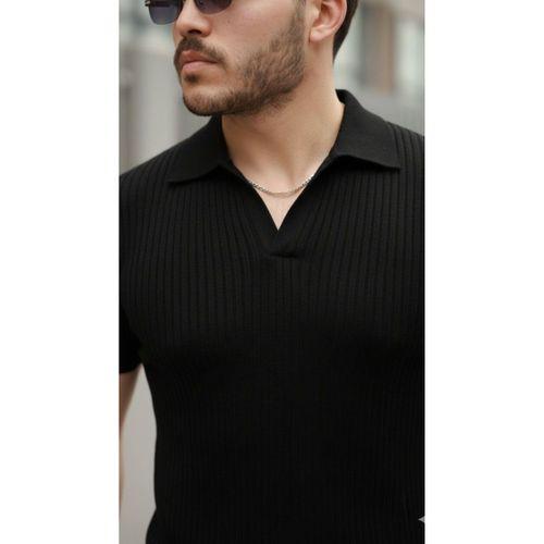 Erkek Kısa Kollu Yakalı çizgi Desenli Triko Bluz