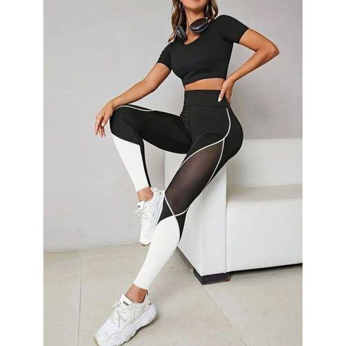 Kadın Yüksek Bel Yanlardan Tül Detaylı çift Renkli Spor Dalgıç Tayt