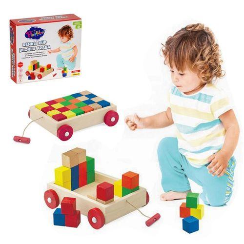 Renkli Küp Bloklu  Kutulu Ahşap  Çekçek Araba