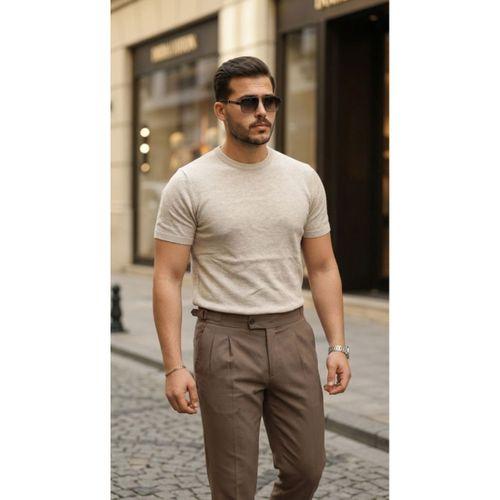 Erkek Basic Bisiklet Yaka Kısa Kollu Triko Tişört - %100 Pamuk Akrilik