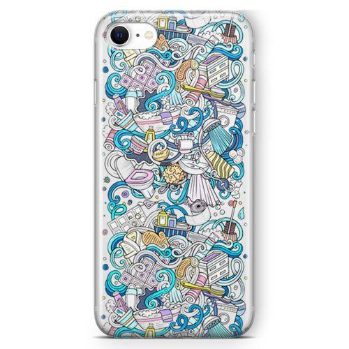 Apple iPhone SE 2020 Kılıf Doodle Banyo Aksesuarları Arka Kapak Koruma Desenli Full Koruyucu