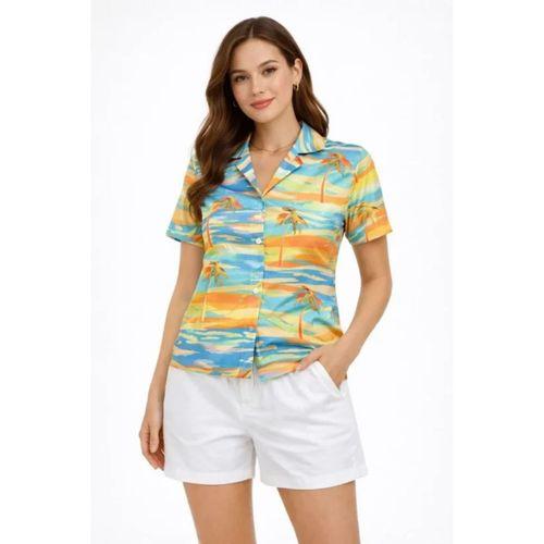 Yazlık Tropikal Desenli Gömlek Şort Takım Rahat Kalıp Tatil Kombin  - Desenli