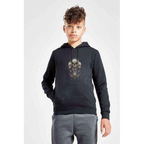 Cool Skull With Metal Rock Music Baskılı Unisex Çocuk Kapüşonlu Siyah Sweatshirt