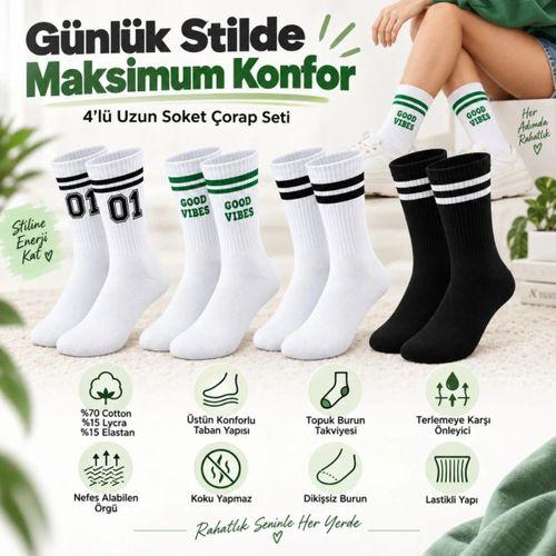 Unisex Çorap Çizgili 4'lü Set 07 Good Vibes Yazılı Siyah Beyaz Uzun Soket Spor Kolej Stil Rahat Şık
