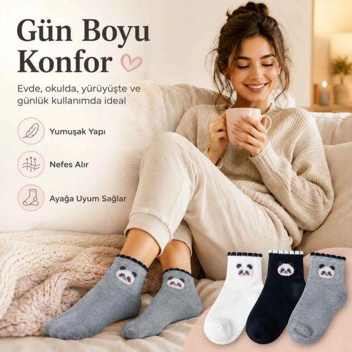 Kadın Panda Desenli Kısa Konç Çorap 12'li | %80 Pamuklu Dikişsiz, Siyah Beyaz Gri