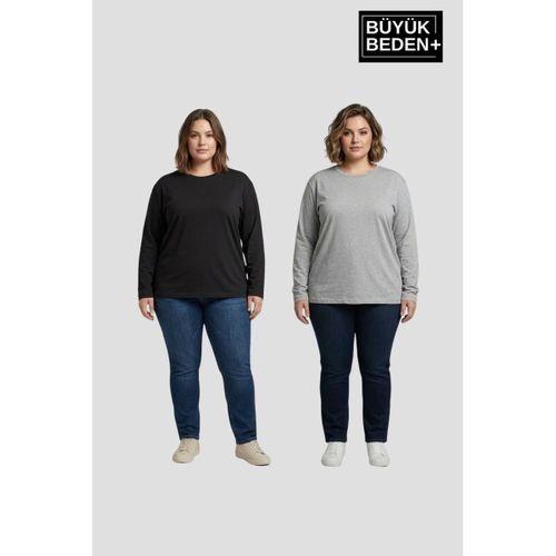 Kadın Büyük Beden 2 li Set Uzun Kollu 2 İplik Bisiklet Yaka Tişört SPR26BEA942+2