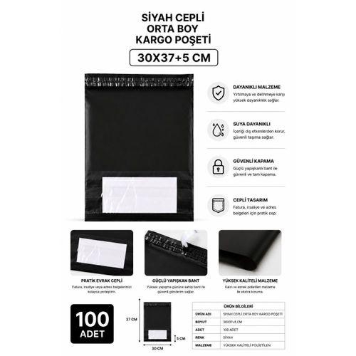 Siyah Cepli Orta Boy Kargo Poşeti 30x37+5 Cm 100 Adet