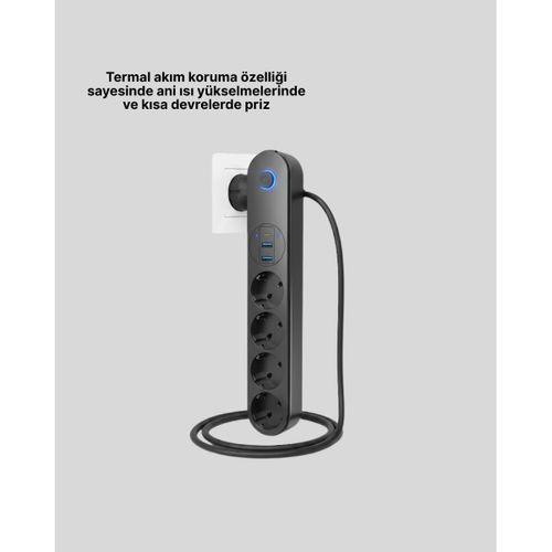 4’lü Çoklu Priz 2 Usb Type-c Girişli Akım Korumalı Siyah