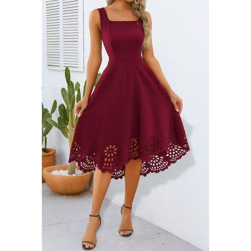 Kadın Askılı Geometrik Yaka çiçek Lazer Kesim Ithal Krep Elbise