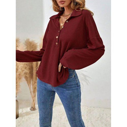 Kadın Uzun Kollu Yakalı Düğmeli Salaş Waffle Bluz