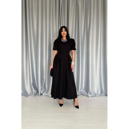 Siyah Etek Yanları Büzgülü Balon Kollu Elbise