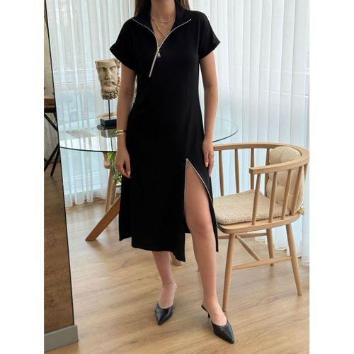 Kadın Kısa Kollu Yakadan Ve Etekten Fermuarlı Midi Viskon Iki Iplik Elbise