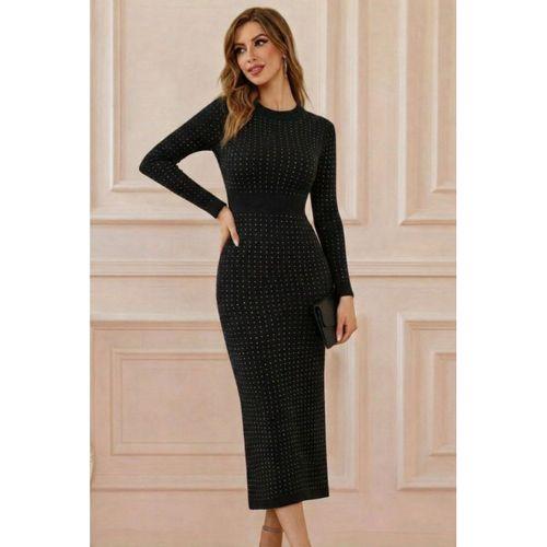 Kadın Uzun Kollu Bisiklet Yaka Taşlı Midi Kadife Elbise