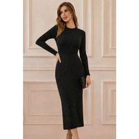 Kadın Uzun Kollu Bisiklet Yaka Taşlı Midi Kadife Elbise