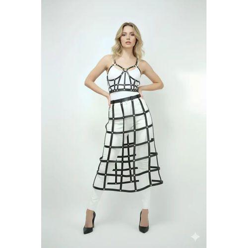 Siyah Etek Kafes Detaylı Etek Midi Boy Deri Etek - Brf1013