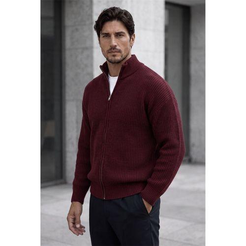 Woody Oversize Selanik Örme Fermuarlı Erkek Hırka- Bordo