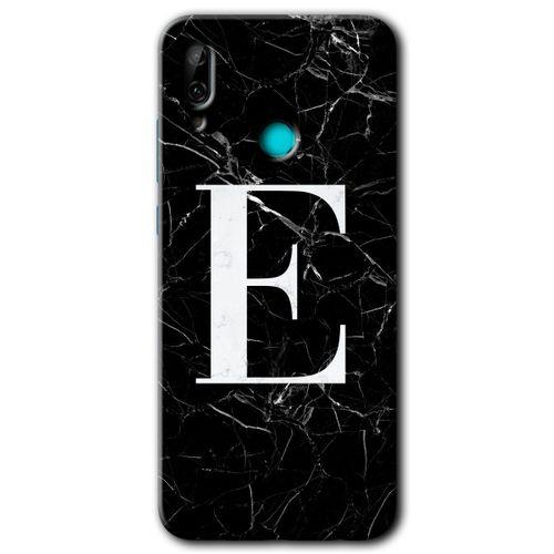 MRCİLETİSİM Huawei P smart 2019 Kılıf Baskılı Kapak - Siyah Mermer Desenli E Harfi + 5D Tam Kaplayan Cam