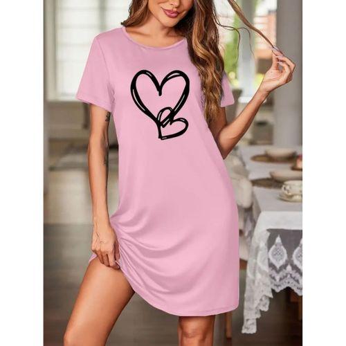 Kadın Kısa Kollu Bisiklet Yaka Kalp Desenli Viskon Elbise