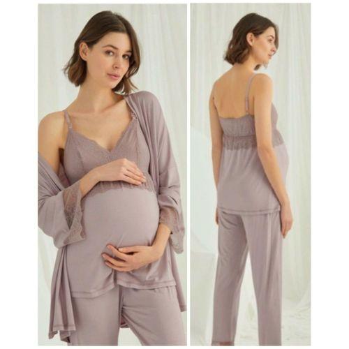 BirolGaye 1767 Pudra Modal Penye Hamile Lohusa 3 Lü Pijama Sabahlık Tk