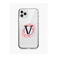 iPhone 11 Pro Pembe Çiçek Desen V Harfli Şeffaf Kılıf