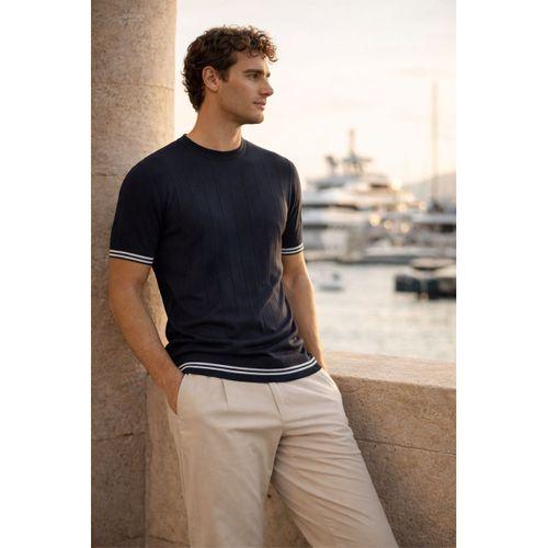 Dale Kolları Şeritli Bisiklet Yaka İnce Triko Örme Regular Fit Erkek T-Shirt - Lacivert