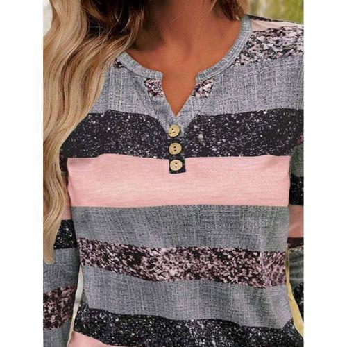 Kadın Uzun Kollu Yakadan Düğmeli çizgili Desenli Süprem Bluz