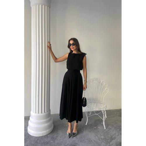 KETEN KOLSUZ BLUZ - MAXİ ETEK TAKIM - Siyah