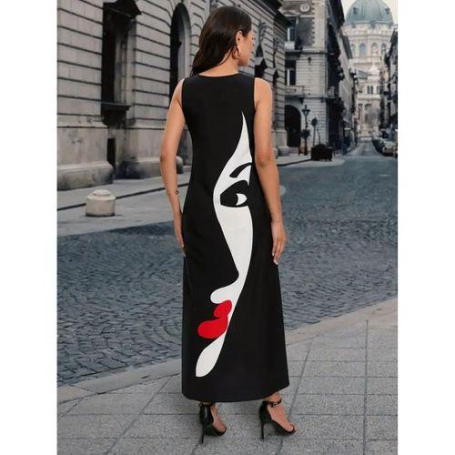 Kadın Sıfır Kol V Yakalı Kadın Yüz Desenli Süprem Elbise