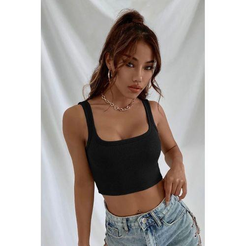Kadın Siyah Kalın Askılı Crop Top Büstiyer Esnek Kumaş Şık Basic Kadın Üst Giyim