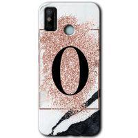 MRCİLETİSİM Tecno Spark 6 Go Kılıf HD Desen Baskılı Arka Kapak+Temperli Cam - Pembe Mermer Desenli O Harfi