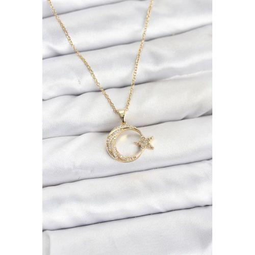 316L Çelik Zincir Gold Renk Ay Yıldız Model Zirkon Taşlı Kadın Kolye