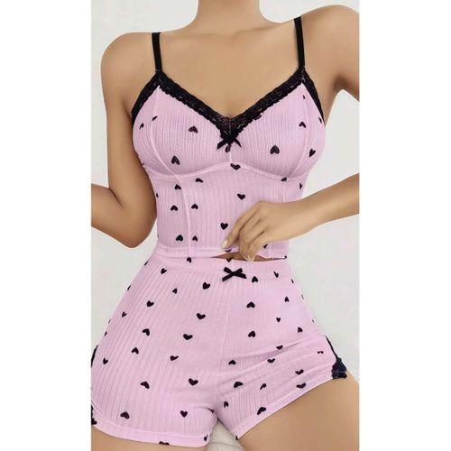 Kadın Pembe Kalp Desenli Askılı Şortlu Pijama Takımı Rahat Şık 2’li Set