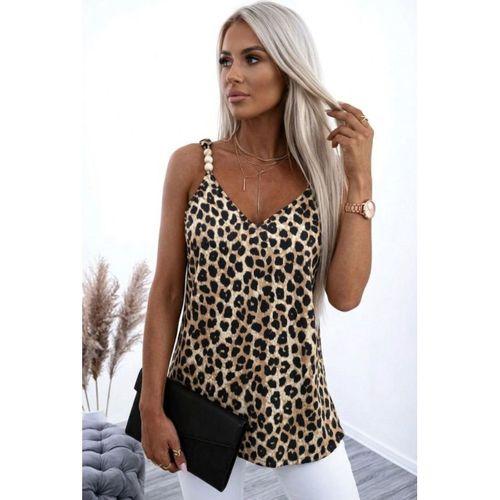 Kadın Askılı V Yakalı Boncuk Detaylı Leopar Desenli Süprem Bluz