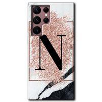 Potkal Hediye Fabrikası Samsung Galaxy S22 Ultra HD Baskılı Kılıf + 9D Tam Ekran Koruyucu - Pembe Mermer Desenli N Harfi