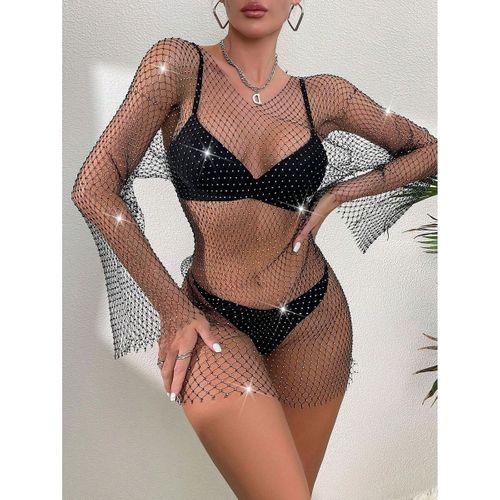 Kadın Siyah Kristal Taşlı File Kollu Kısa Elbise