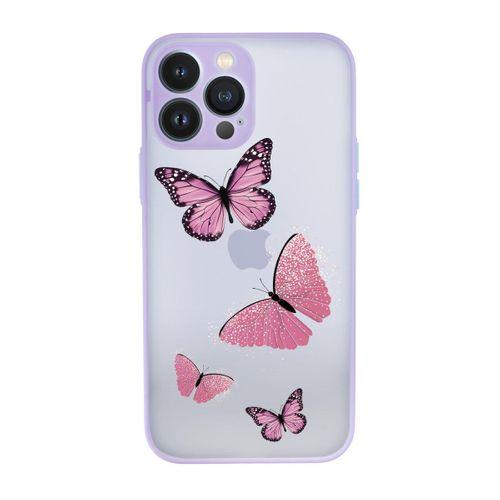 iPhone 13 Pro Max Uyumlu Pembe Kelebekler Desenli Kamera Korumalı Buzlu Şeffaf Lüx Telefon Kılıfı