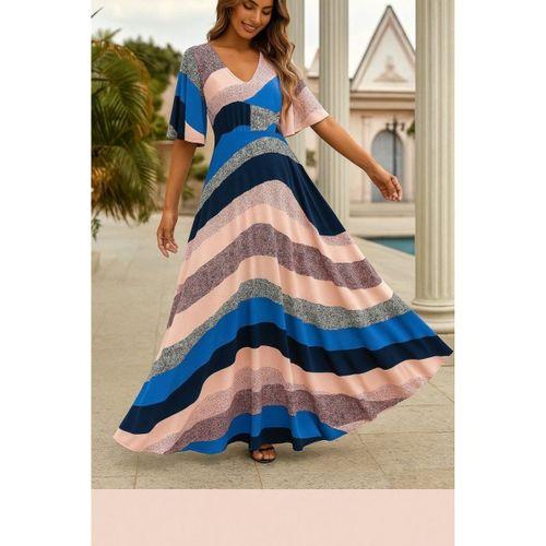 Kadın Kısa Kollu V Yakalı Desenli Süprem Elbise