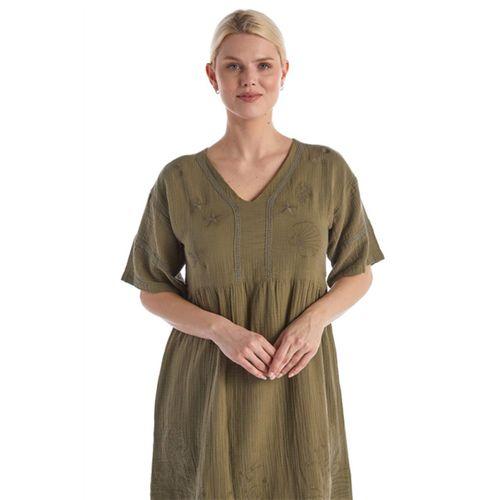 Kısa Kol Haki V Yaka Nakışlı Midi Boy Müslin Yazlık Elbise
