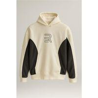 Frank Parçalı Kontrast Desenli Kapüşonlu Oversize Cepli Polar Erkek Sweatshirt - Ekru