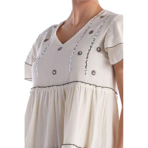 Kısa Kol Pullu Krem V Yaka Şile Bezi Yazlık Midi Boy Elbise