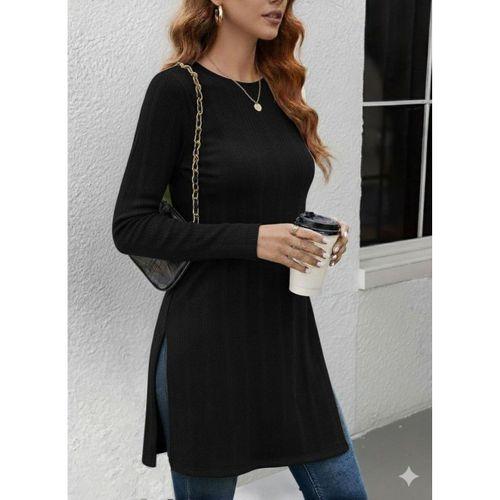 Kadın Uzun Kollu Bisiklet Yaka Iki Yandan Yırtmaç Detay Triko Bluz