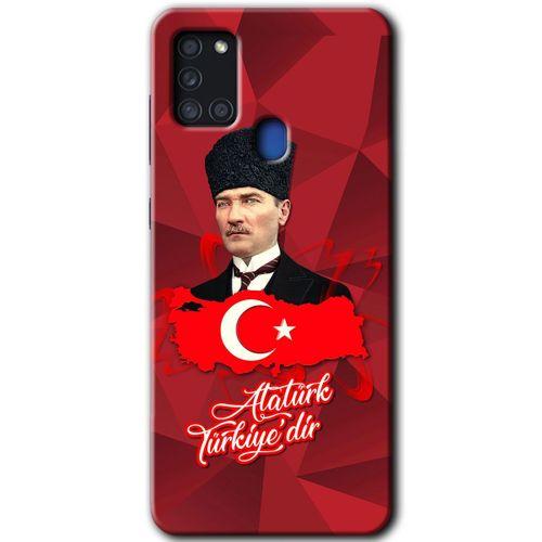 MRCİLETİSİM Samsung Galaxy A21s Kılıf Baskılı Kapak - Atatürkiye +Tam Kaplayan Mat Seramik
