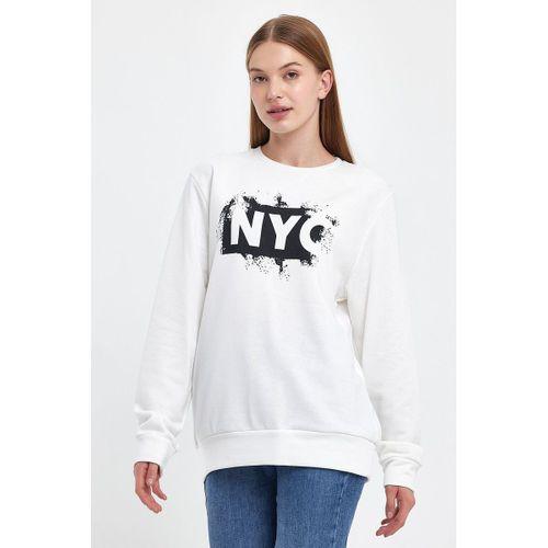 Süperlife Kadın Bisiklet yaka Rahat Kalıp 3 iplik Kalın NYC Baskılı SweatShırt spr24swk24