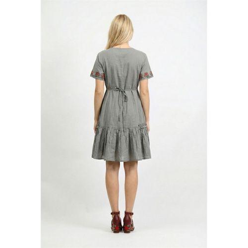 Kısa Kol Gülbin Bağcıklı V Yaka Nakışlı Yazlık Vual Kısa Elbise Gri Gri